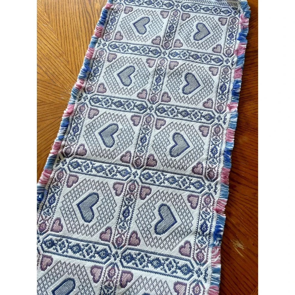 Vintage Cottagecore Woven Tapestry Table Runner 72" Hearts Country Grannycore - Picture 6 of 6